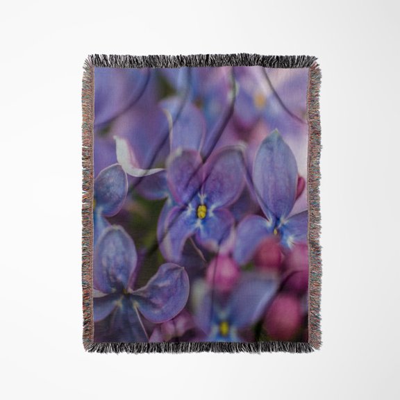 Dark Blue Lilac Flowers, Red Buds. Macro View Of Spring Beauty, Woven Blanket