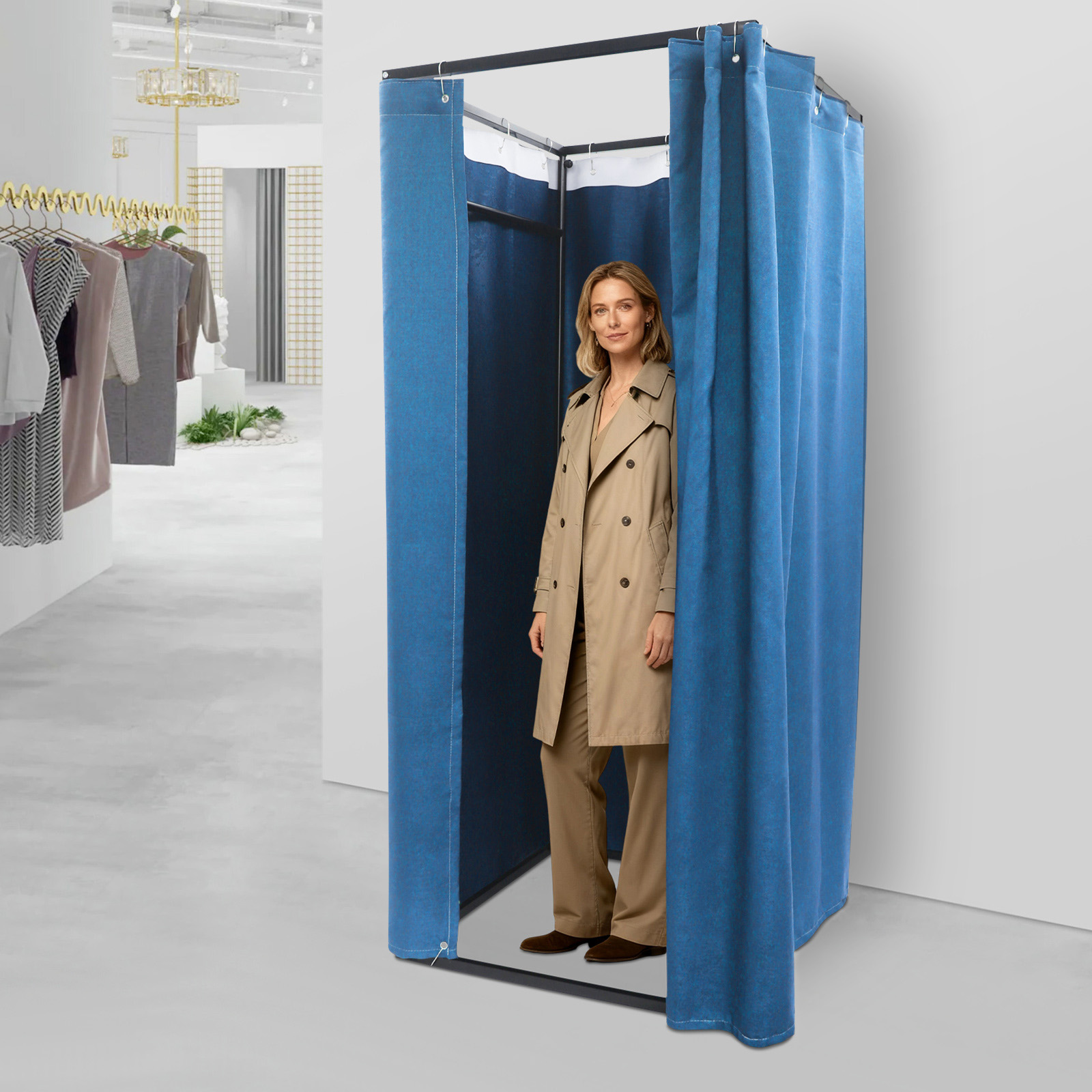 Dark Blue Linen Cloth 85x85x200cm Movable Fitting Room Independent ...