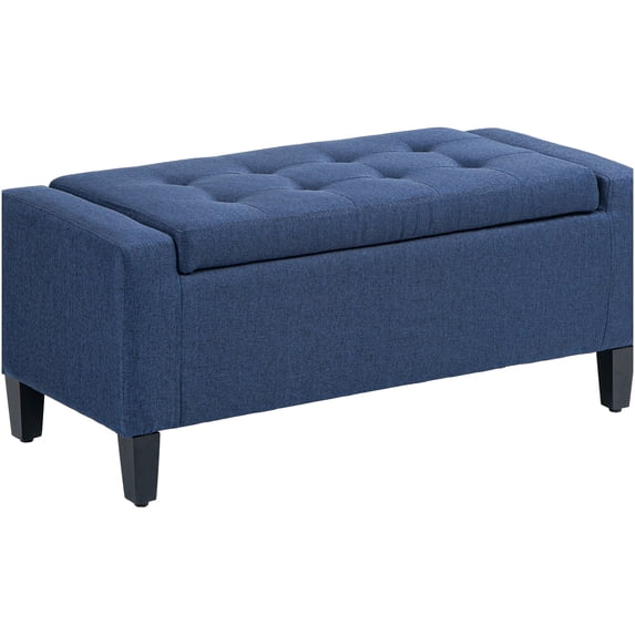 Dark Blue Linen Storage Ottoman Bench with Lift Top, Button Tufted Seat for Living Room