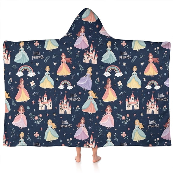Dark Blue Little Princess Pattern Hooded Bath Towel,60"x35" for Ages 3 To 12 Kids, Quick Dry Lightweight Soft Microfiber Hood Beach Towel Cover Up for Kids