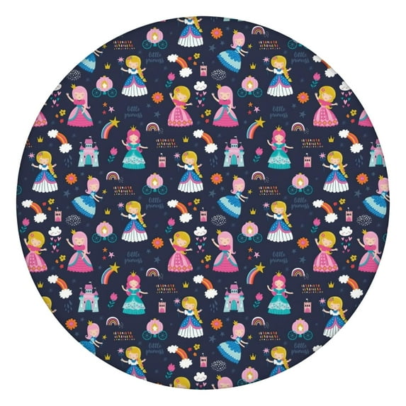 Dark Blue Little Princess Pattern Round Fitted Tablecloth with Elastic Edge,Dining Table Cover Waterproof,Outdoor Round Tablecloth for Camping,Dining,Indoor and Outdoor