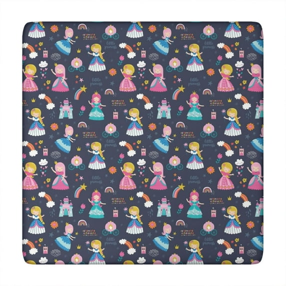 Dark Blue Little Princess Pattern Square Fitted Tablecloth with Elastic Edge,Square Table Cover,Washable Elastic Table Cover for Home Kitchen Party Decor 34"x34"