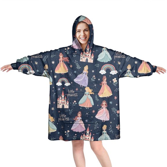 Dark Blue Little Princess Pattern Wearable Oversized Blanket,Wearable Blanket Hoodie for Adults,Cozy Hooded Blankets with Super Pockets,Super Warm Fuzzy Pullover for Women & Men