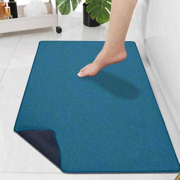 Dark Blue Low Profile Bath Rug, 16x26 Inch, Non-Slip Rubber Backing, Machine Washable