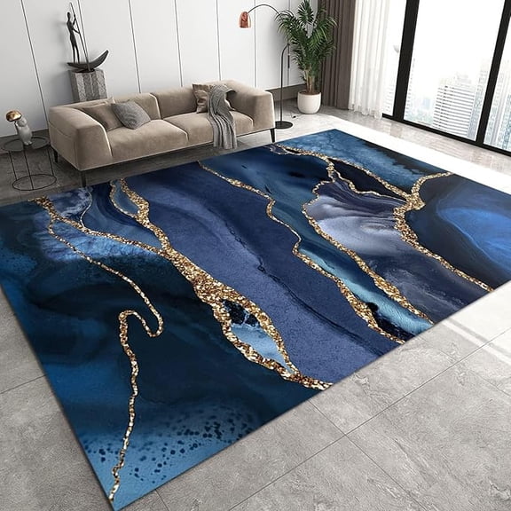Dark Blue Marble Area Rug, Entry Rug Non-Slip Washable Indoor Door Mat, Small Abstract Golden Geometric Throw Rug For Bedroom Kitchen Entryway Bathroom 4 x 5ft