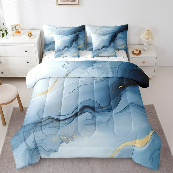 Dark Blue Marble Bedding Set For Adults Women,Abstract Marble Grain Bed In A Bag,Navy Blue Gradient Marbling King Comforter Set 7 Piece Watercolor Marble Art Bed Set