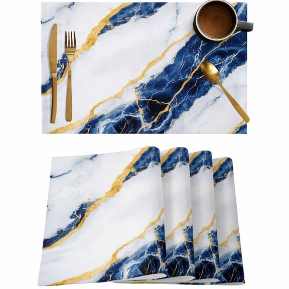 Dark Blue Marble Gold Foil Placemats Set of 4,Wipeable Washable Table Mats for Dining Tables,Abstract Fluid Place Mats for Kitchen Event Party Tabletop Decor