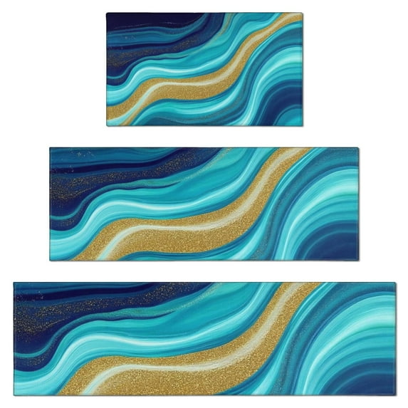 Dark Blue Marble Gold Line Pattern Kitchen Rugs Sets Of 3,Kitchen Runner Rugs Non Skid Washable,Decorative Kitchen Floor Mats for Kitchen,Sink,Laundry,17"x30"+ 17"x47" + 17"x59"