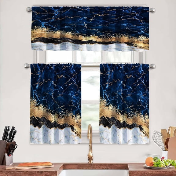 Dark Blue Marble Kitchen Curtains Tiers and Valances Set 3 Piece for Windows Golden Marble Kitchen Window Curtains Set,Indigo Luxury Marble Valances for Living Room(36" Tiers Set)