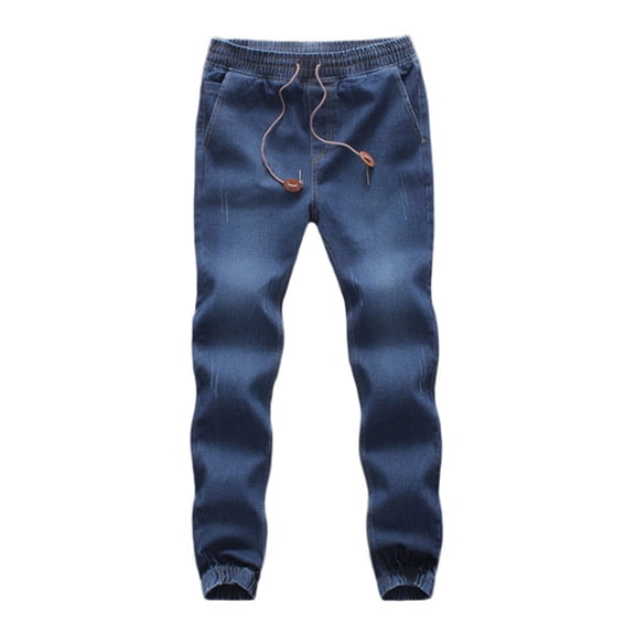 Dark Blue Men's Casual Autumn Denim Cotton Elastic Draw String Work Trousers Jeans Pants