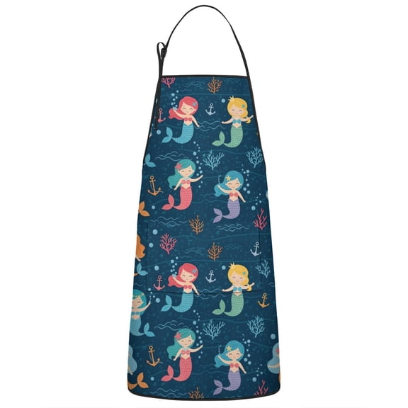 Dark Blue Mermaid Pattern Apron-Garden Aprons for Women with Pockets-Cotton Linen Waterproof Kitchen Cooking Gardening Aprons Adjustable for Kitchen,Cooking,BBQ and Salon 33x27 Inch