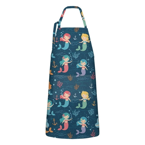 Dark Blue Mermaid Pattern Apron-Garden Aprons for Women with Pockets-Cotton Linen Waterproof Kitchen Cooking Gardening Aprons Adjustable for Kitchen,Cooking,BBQ and Salon 33x27 Inch