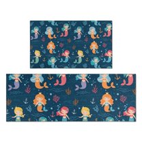 Dark Blue Mermaid Pattern Kitchen Rugs Sets Of 2,Anti Fatigue Kitchen Mat Rugs Non Slip Washable,Decorative Kitchen Floor Mats for Kitchen,Sink,Laundry,17"x30" 17"x47"