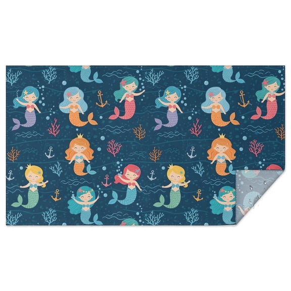 Dark Blue Mermaid Pattern Rectangle Tablecloth 60"x102",Waterproof Polyester Rectangle Table Cloth, Wipeable Spillproof Polyester Tablecloth for Dining, Camping, Indoor and Outdoor