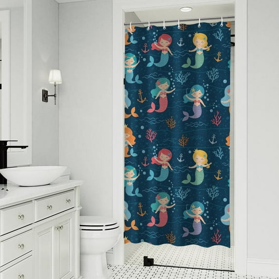 Dark Blue Mermaid Pattern Shower Curtain 36"x72" ,Bathroom Decorative Shower Curtains Set with 12 Hooks,Modern Waterproof Washable Shower Curtain