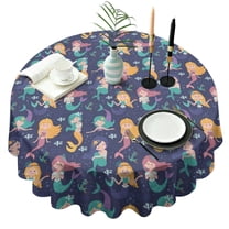Dark Blue Mermaid Princess Pattern Round Tablecloth 60"x60",Wrinkle Wipeable Table Cloth for Kitchen Dining Room Picnic Patio Party