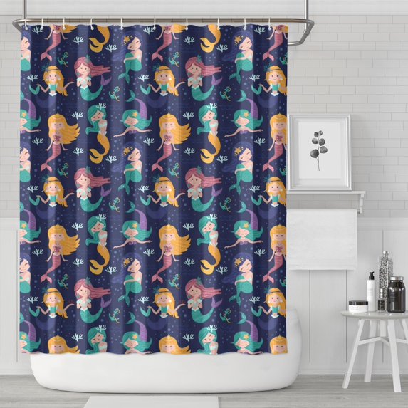 Dark Blue Mermaid Princess Pattern Shower Curtain 72"x84" ,Bathroom Decorative Shower Curtains Set with 12 Hooks,Modern Waterproof Washable Shower Curtain