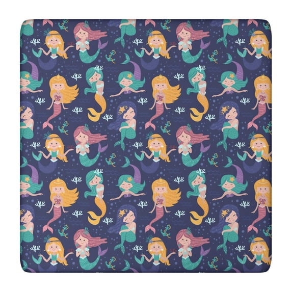 Dark Blue Mermaid Princess Pattern Square Fitted Tablecloth with Elastic Edge,Square Table Cover,Washable Elastic Table Cover for Home Kitchen Party Decor 36"x36"