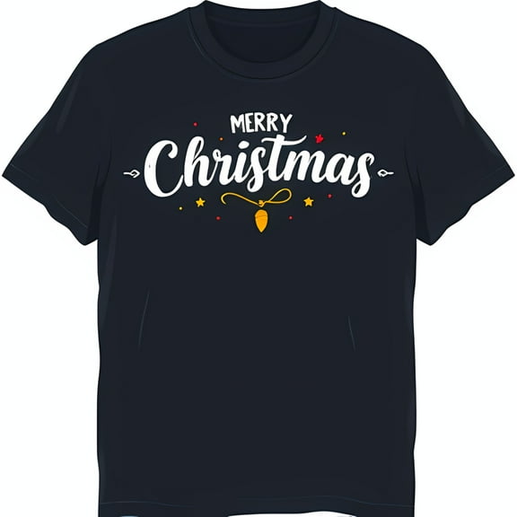 Dark Blue Merry Christmas T-Shirt with Cursive Design & Golden Ornament