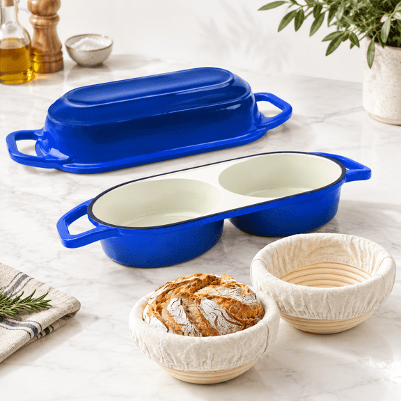 Dark Blue Mini Double Cast Iron Dutch Oven with Lid and 2 Banneton Baskets for Sourdough Baking