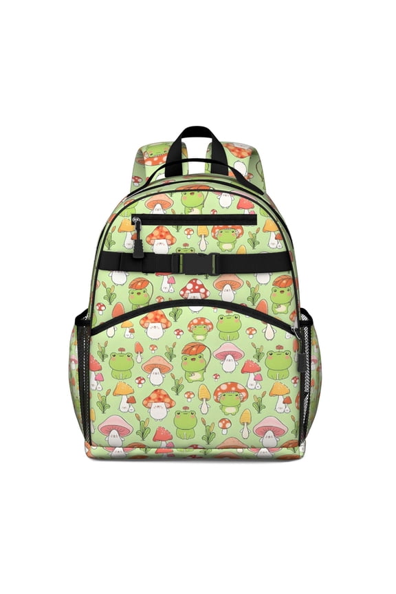 Red Mushroom Frog Green Pattern Backpack for School,Cute School Bag,Schoolbag with Adjustable Shoulder Straps & Padded Back,15.25"x11.5"x5.25"
