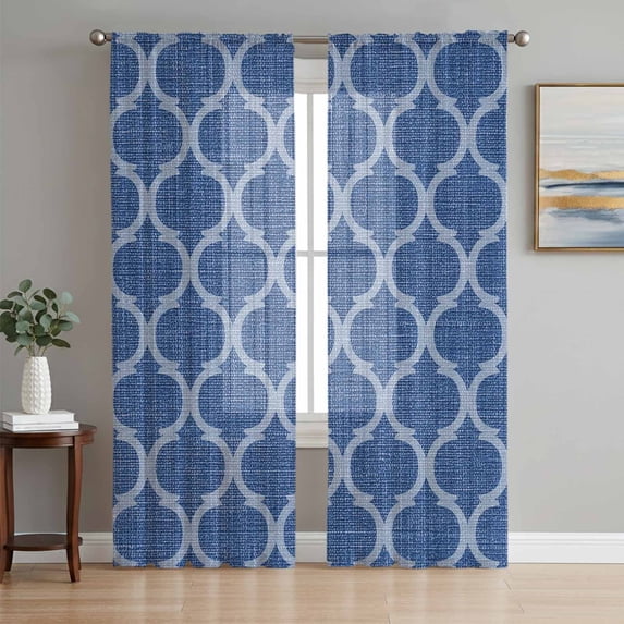 Dark Blue Morocco Sheer Curtains 63 Inch Length 2 Panels for Living Room, Ethnic Abstract Geometric Quatrefoil Grid Voile Kitchen Curtain Set, Luxury Privacy Drapes Window Treatment for Bedroom