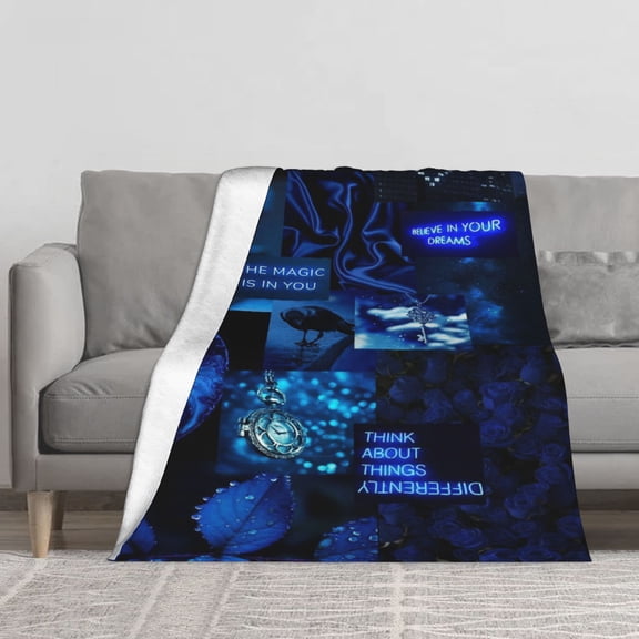 Dark Blue Motivational Quote Collage Blue Rose Pocket Watch Bird Silk Flannel Throw Blanket, Reversible Sherpa Fleece Decor Blanket for Couch Bed Teen Room, Believe In Your Dreams Inspirational Gift