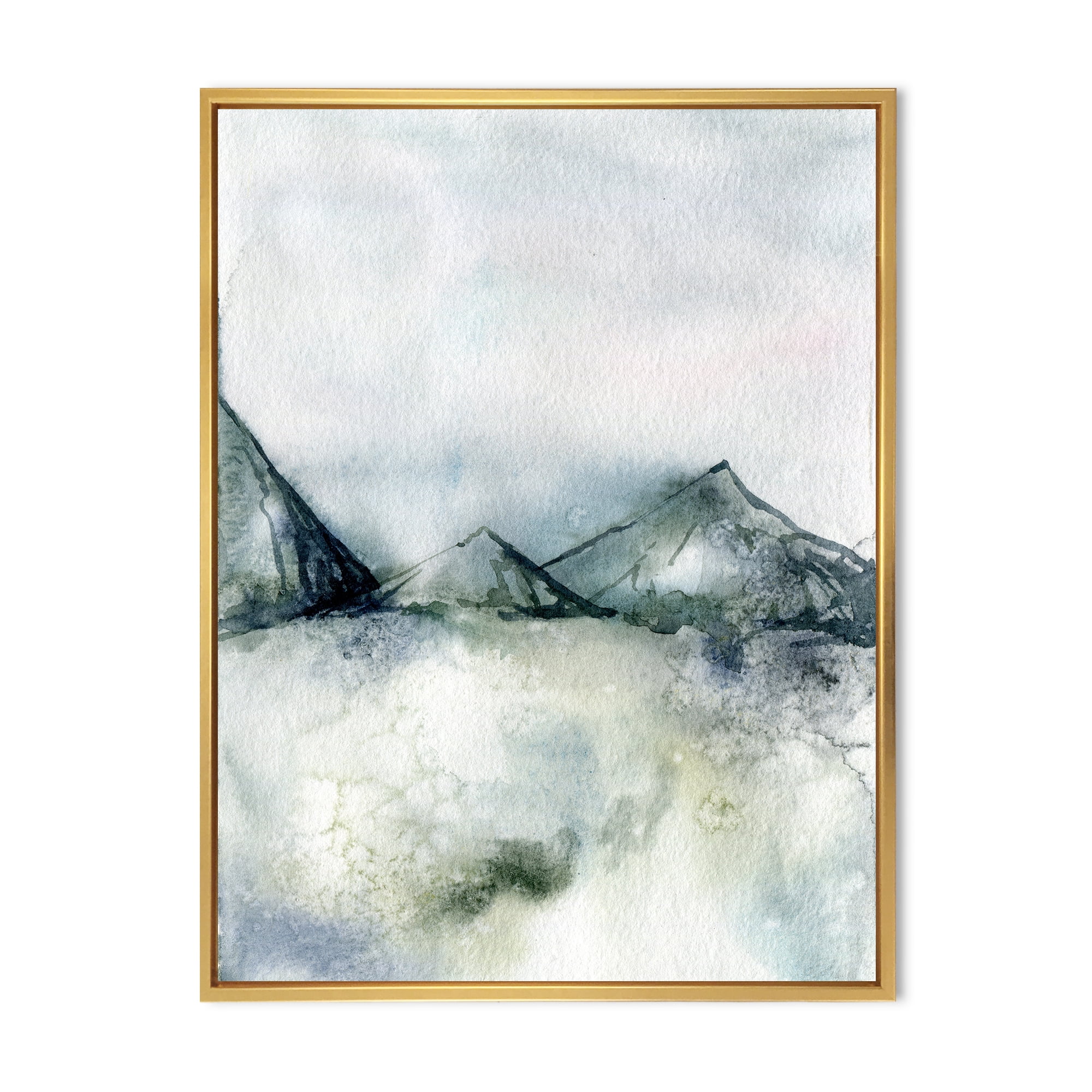 Dark Blue Mountain Landscape Winter Minimalistic 16 in x 32 in Framed Painting Canvas Art Print, by Designart