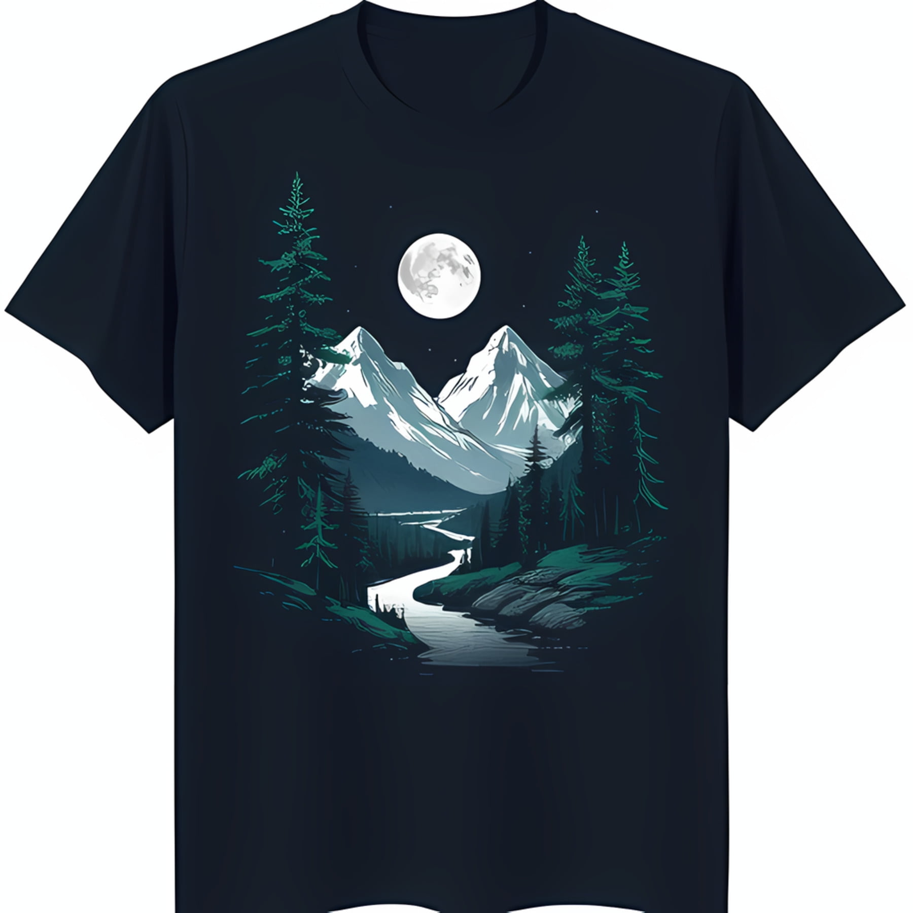 Dark Blue Nature Themed TShirt with River Forest Mountains & Full Moon