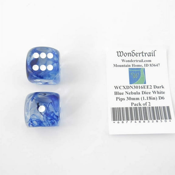 Dark Blue Nebula Dice with White Pips 30mm (1.18in) D6 Pack of 2 Wondertrail