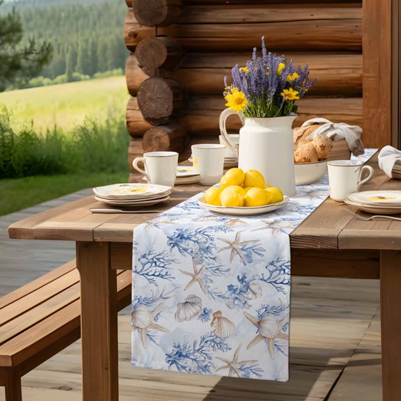 Dark Blue Ocean Anchor Table Runner 13x70in Non-Slip Cotton Linen Table Runners, Gray White Stripe Dresser Scarves TableRunner for Dinner Kitchen Dining Wedding Party