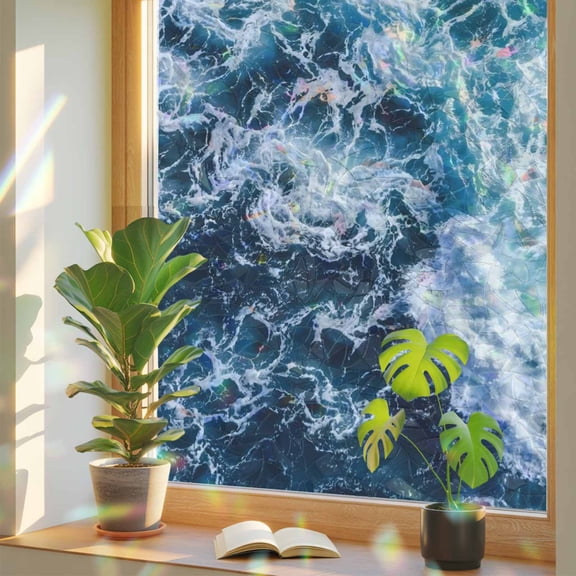 Dark Blue Ocean Scenery Window Privacy Film, Ombre Sea Waves Natural Modern Art Stained Glass Rainbow Film Decorative Window Clings, Static Cling Sun Blocking Stickers 19.6" x 39.3"