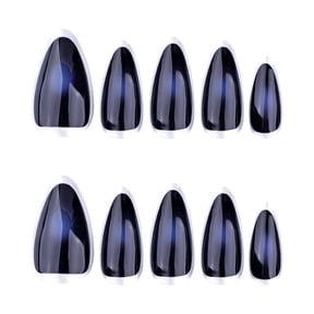 Dark Blue Ombre French Tip Press on Nails Short Almond Fake Nails with Silver Accent Dark Blue Ombre Full Cover Adhesive Press Ons Nail Tips Glam Acrylic False Nails Press on Nail Set 24 Pcs