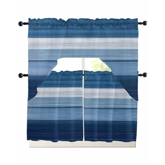 Dark Blue Ombre Stripes Kitchen Curtains Sets 24 Inch Length with Valance, Chic Vintage Simple Abstract Art Swag Valances and Tiers Curtain Set Drapes Swag Curtains for Living Room, Bathroom, Bedroom