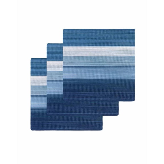 Dark Blue Ombre Stripes Kitchen Dish Towels for Drying Dishes Set of 3, Chic Vintage Simple Abstract Art Waffle Weave Microfiber Terry Hand Tea Bathroom Towels Quick Dry & Absorbent Towel 12x12
