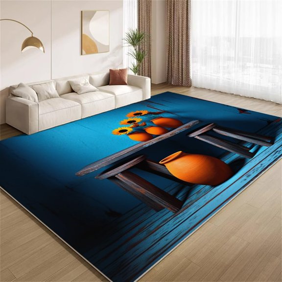 Dark Blue Orange Art Area Rugs, Sunflower Pottery Carpet, Washable Non Slip Low Pile Soft Rug for Living Room Entryway Bedroom Decor Mat 2ftx3ft