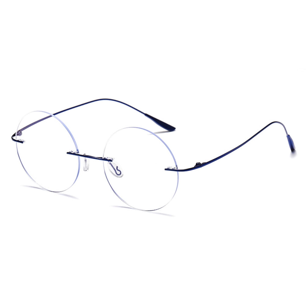 Dark Blue Oversized Round Lightweight Screw-Free Reading Glasses 3.00 Titanium Alloy Anti-Blue Light Rimless Readers +3.00 Strength