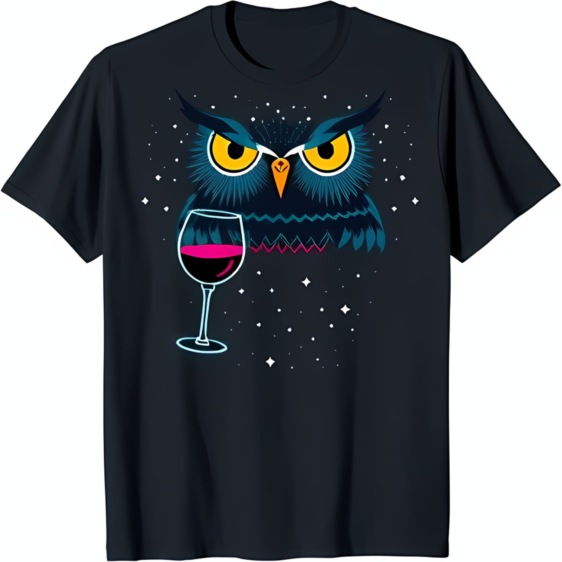 Dark Blue Owl with Yellow Eyes and Red Glass TShirt Starry Night