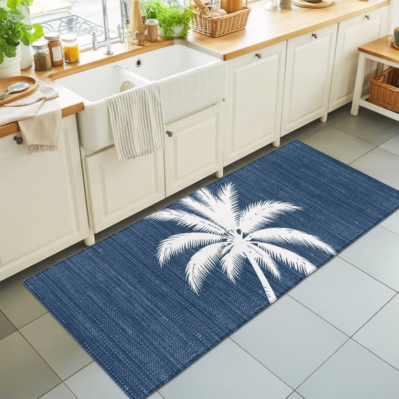 Dark Blue Palm Tree Washable Runner Rugs 2'x6', Summer Country Vintage Tropical Coastal Tree Leaf Washable Runner Rug Non-Slip Sturdy Edge Binding Carpet for Bedside Hallway Runner Kitchen Galley