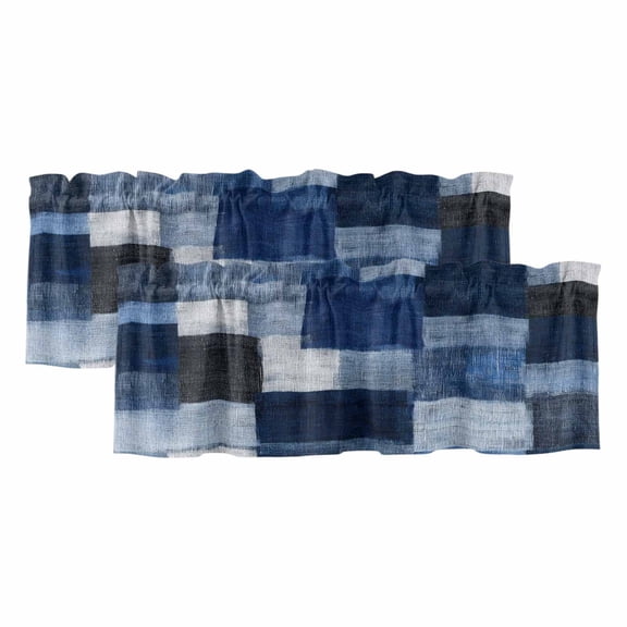 Dark Blue Patchwork 2 Panels Kitchen Valance, Modern Abstract Indigo Patchwork Curtains Valances for Small Windows Rod Pocket Window Treatments for Living Room Bedroom 60"W x 18"L