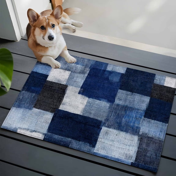 Dark Blue Patchwork 2x3 Area Rugs for Living Room, Modern Abstract Indigo Patchwork Non Slip Floor Mat Washable Low-Profile Indoor Carpet for Bedroom, Dining Room, Bathroom