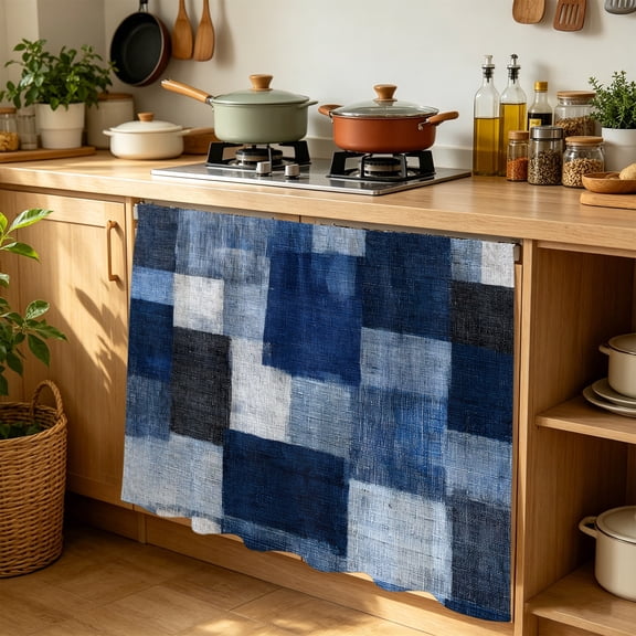 Dark Blue Patchwork Cabinet Curtains 35" W x 35" L Modern Abstract Indigo Patchwork Waterproof Adhesive Kitchen Under Sink Curtain Dust-Proof Dishwasher Skirt for Closet