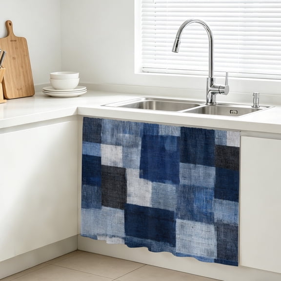 Dark Blue Patchwork Cabinet Curtains for Kitchen 10"W x 11"L, Modern Abstract Indigo Patchwork Under Sink Skirt Magic Tape Short Curtain Decorative Privacy Panel for Bathroom Laundry