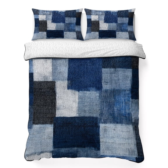 Dark Blue Patchwork California King Quilt Bedding Set, Modern Abstract Indigo Patchwork Lightweight Comforter with 2 Pillow Shams Bedroom Bedspread Set Home Decor for All Seasons