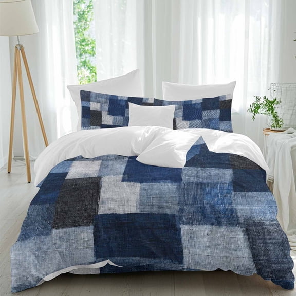 Dark Blue Patchwork Comforter Set Twin Size, Modern Abstract Indigo Patchwork Soft Bedding Set for Man Woman, 4 Pieces Duvet Cover Set with Fitted Sheet, 2 Pillowcases