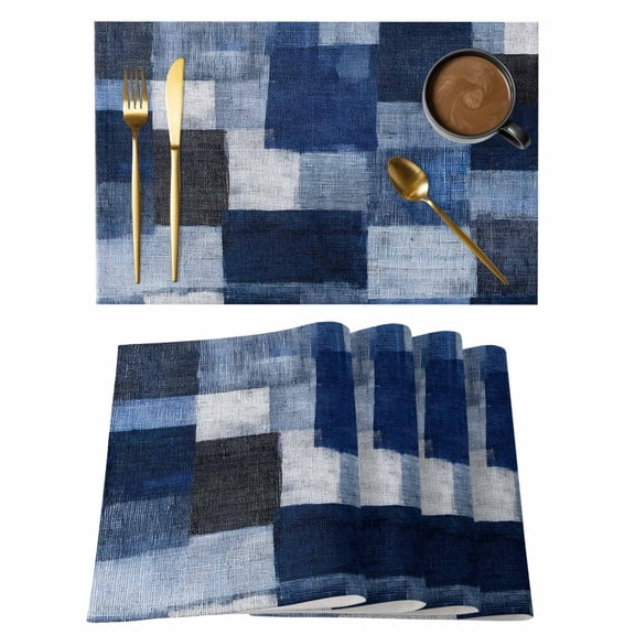 Dark Blue Patchwork Cotton Linen Placemats Set of 2, Modern Abstract Indigo Patchwork Washable Table Place Mats Heat Insulating Placemat for Dining Room Kitchen Daily Use 13 x 19 Inch