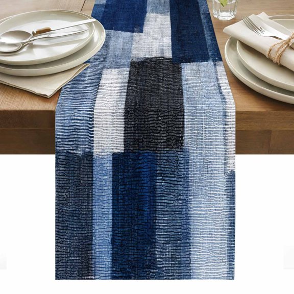 Dark Blue Patchwork Cotton Linen Table Runner Modern Abstract Indigo Patchwork Dining Table Runners for Home Decor Party Dining Room Restaurant Kitchen Party 13" x 48"