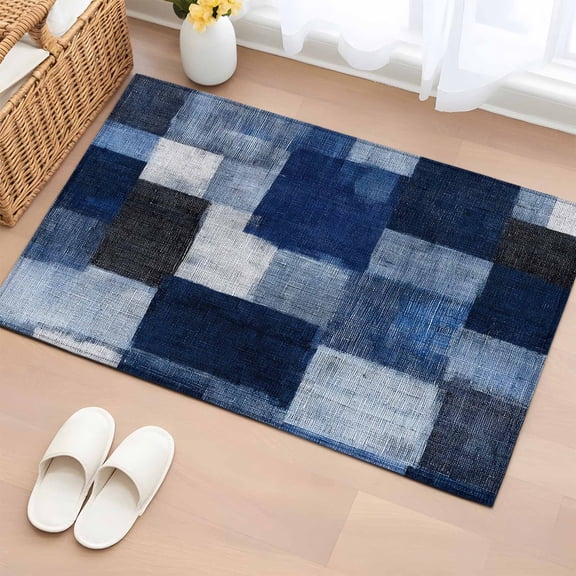 Dark Blue Patchwork Entryway Rug 2'x3' Modern Abstract Indigo Patchwork Small Area Rug Non-Slip Front Door Mat Washable Floor Carpet for Indoor Entrance Kitchen Bathroom