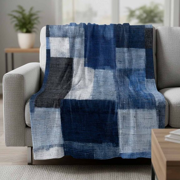 Dark Blue Patchwork Fleece Blanket, Modern Abstract Indigo Patchwork Ultra Soft Warm Throw Blanket Lightweight Plush Bed Blanket, Home Decor Throws for Couch Bed Sofa, 60x80 inches
