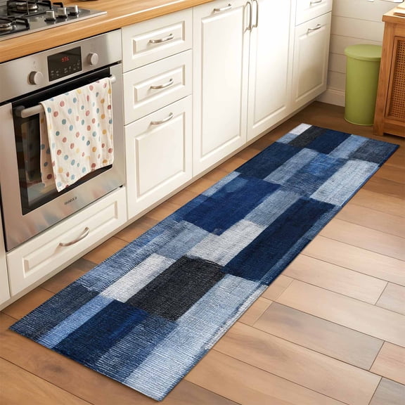 Dark Blue Patchwork Hallway Washable Runner Rug 2x6 Modern Abstract Indigo Patchwork Kitchen Runner Mat with Non Slip Backing Low Pile Thin Floor Carpet for Indoor Bedroom Living Room